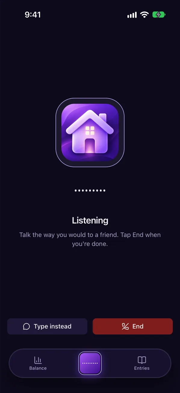 A voice check-in in the Purple House app. The screen reads Listening: talk the way you would to a friend. Tap End when you're done.